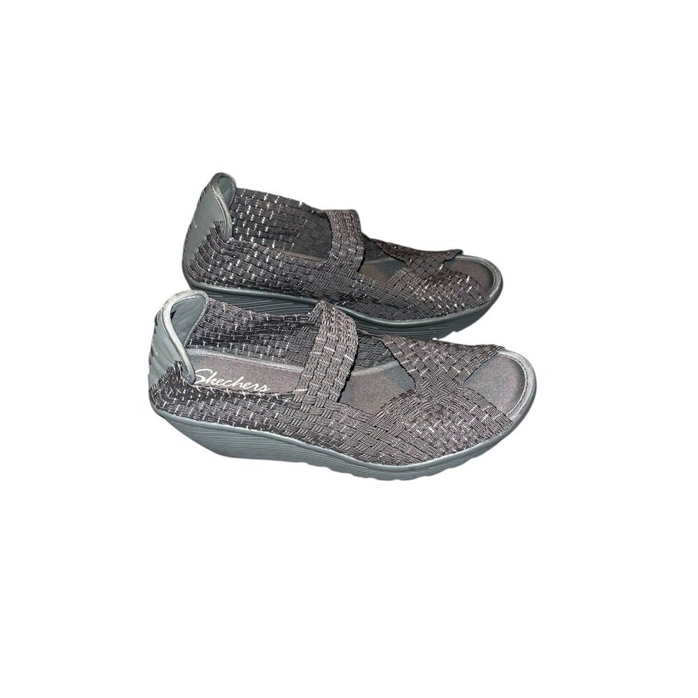 Skechers Gray Woven Stretch Knit Open Toe Comfort Casual Wedge Sandals Size 9.5